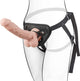 Silicone strap-on sex toy with adjustable harness, features realistic design and removable dildo.