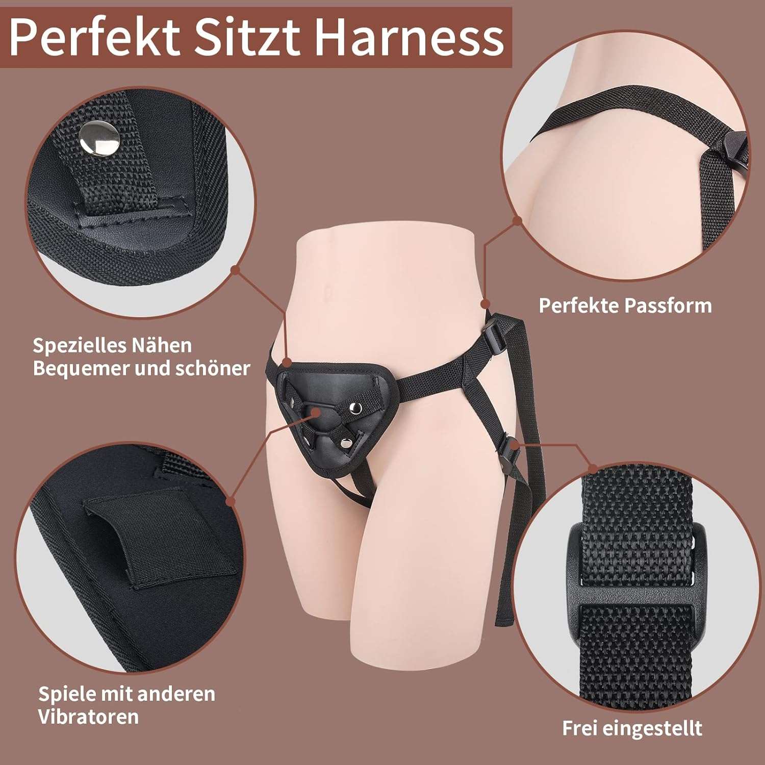Silicone strap-on sex toy with adjustable harness, comfortable fit.
