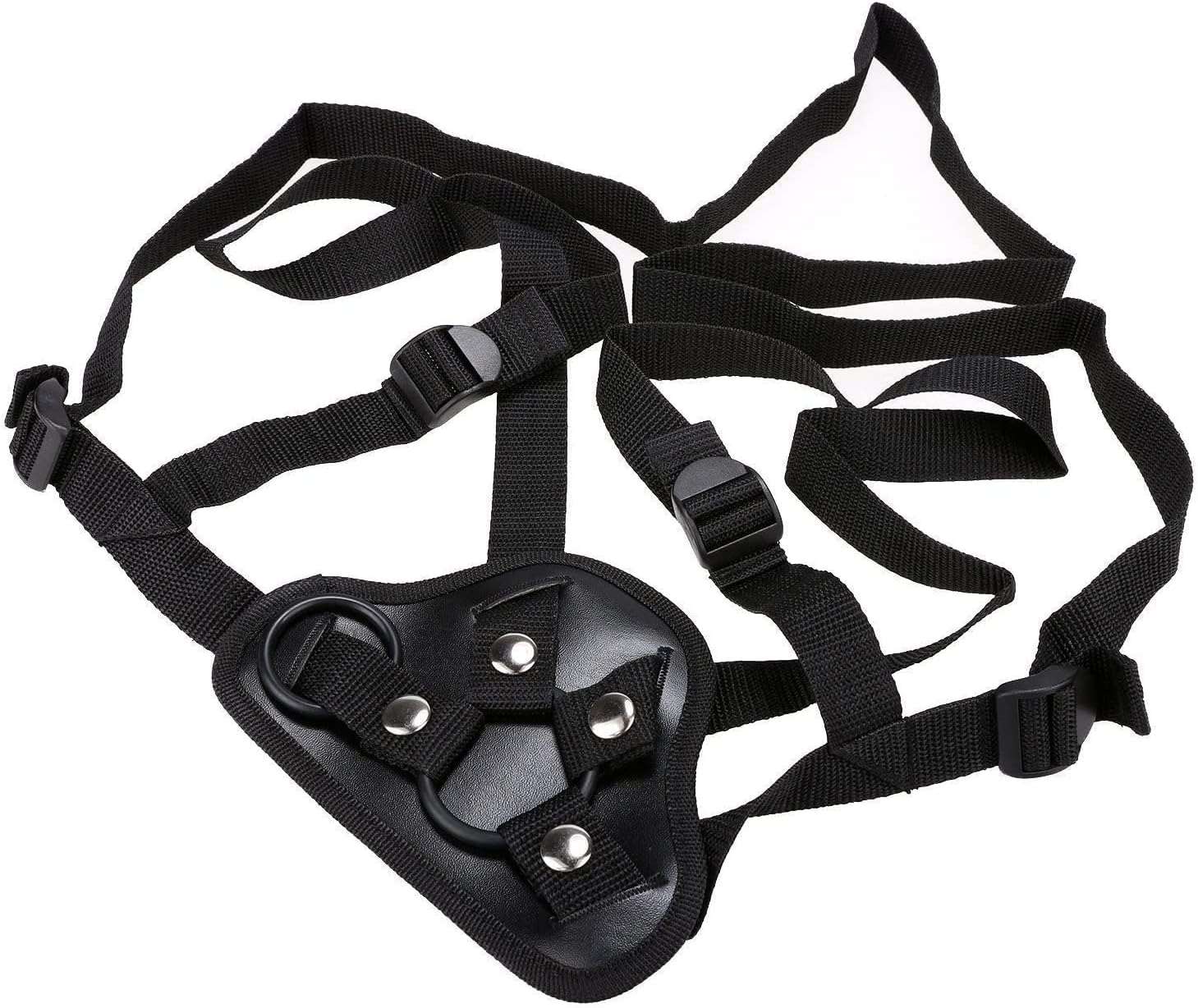 Adjustable black strap-on harness for silicone sex toy, featuring secure buckles and durable material.