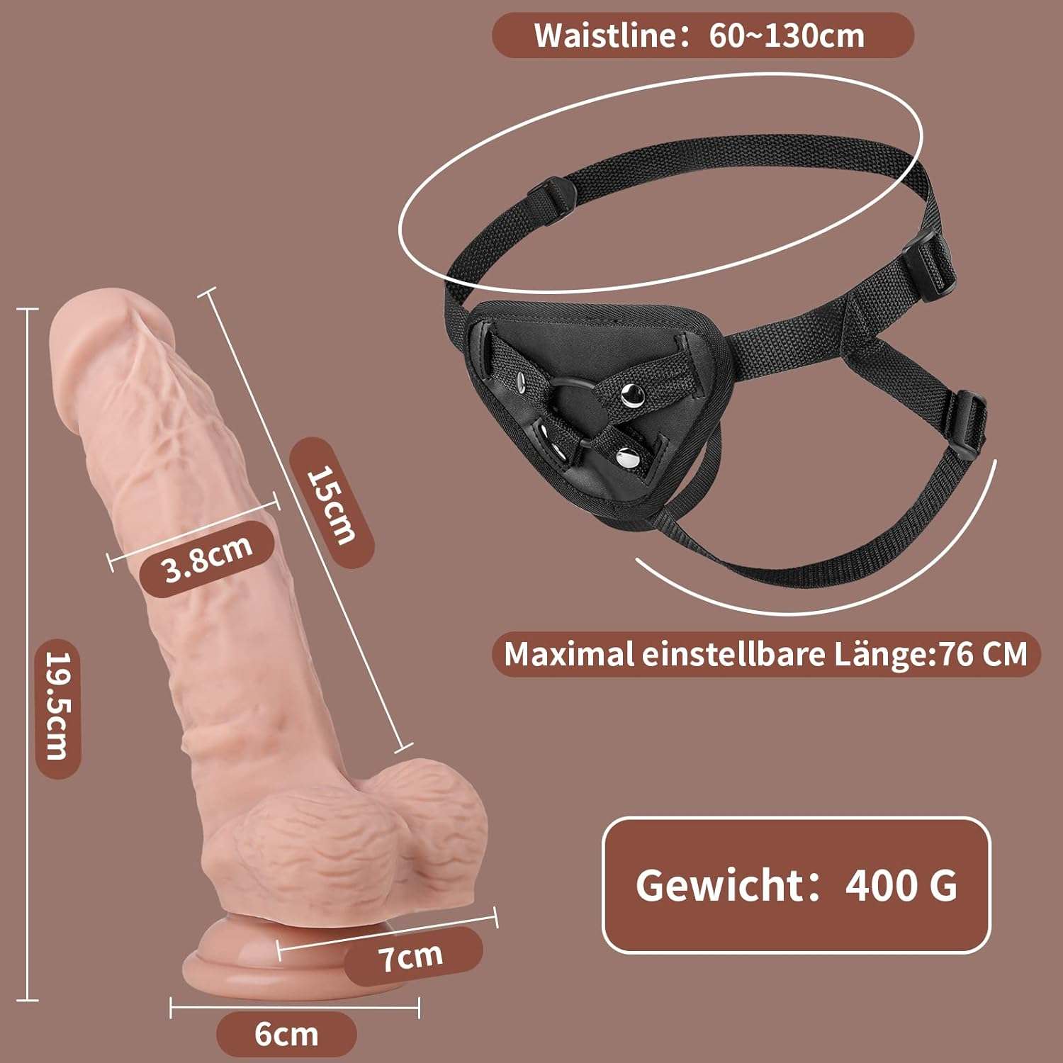 Silicone strap-on sex toy with realistic design, adjustable harness, and removable dildo.