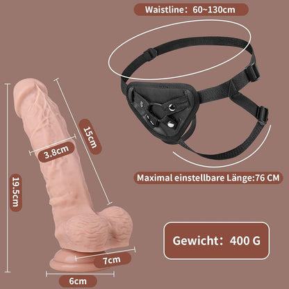 Silicone strap-on sex toy with realistic design, adjustable harness, and removable dildo.