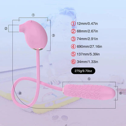 2-in-1 Peppy Pig clitoral suction and thrusting vibrator with multiple modes and waterproof design.