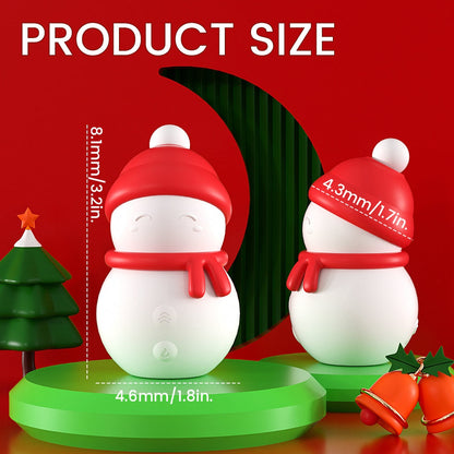 3-in-1 Heart sucking, licking, vibrating stimulator with snowman design, product size display.