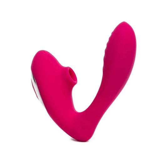 Pink G-Spot and Clitoral Suction Stimulator with dual-function design, featuring Pleasure Air technology and multiple vibration modes.