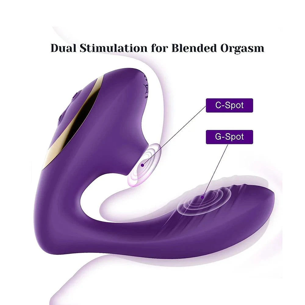 Dual-function G-spot and clitoral suction stimulator for blended orgasms.
