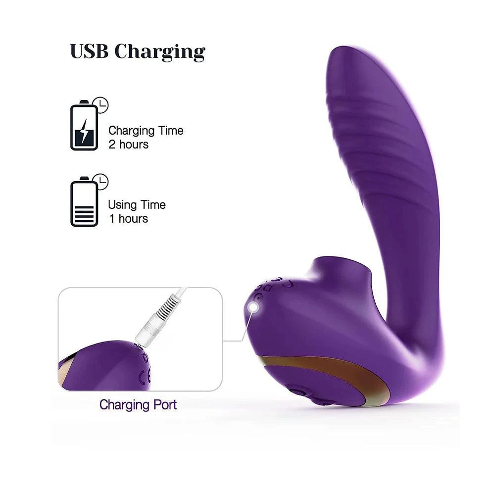 Purple G-spot and clitoral suction stimulator with USB charging capability.