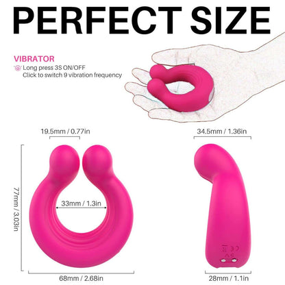London Eye Couple's vibrating cock ring in pink, showcasing dimensions and 9 vibration modes for enhanced pleasure.