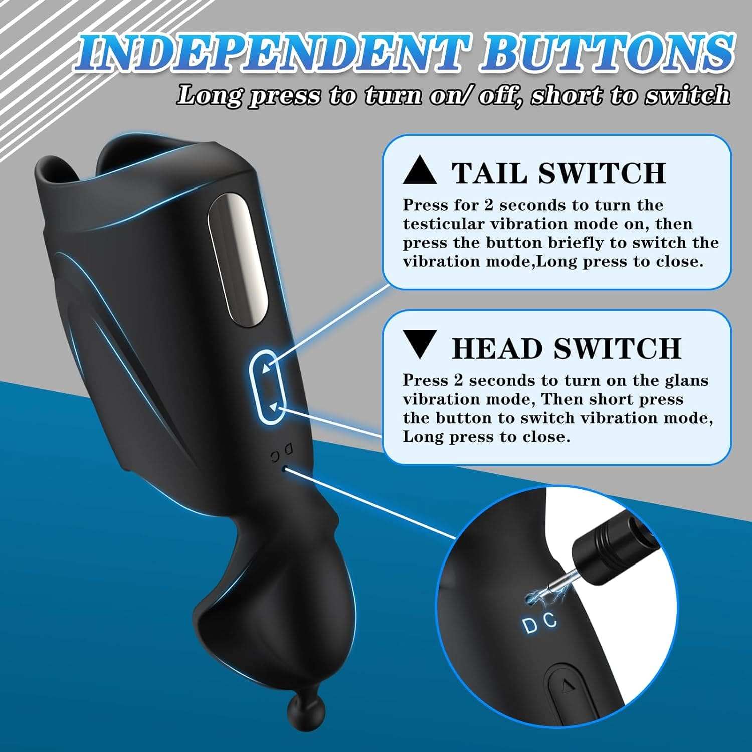 Automatic male masturbator with independent buttons for vibration modes, featuring ergonomic design and USB charging.