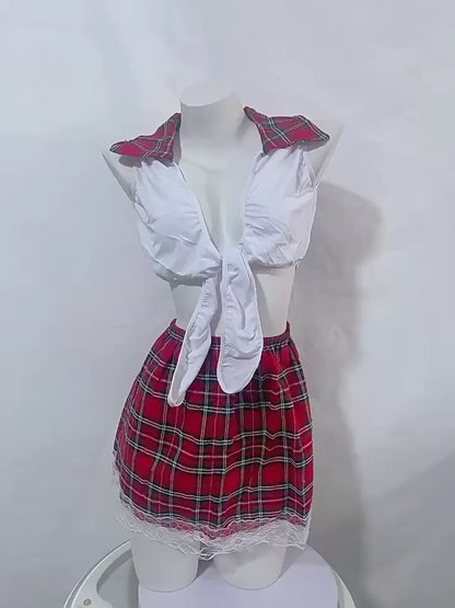 Lencería Sexy: Conjunto estilo enrejado con top de encaje y falda para mujer